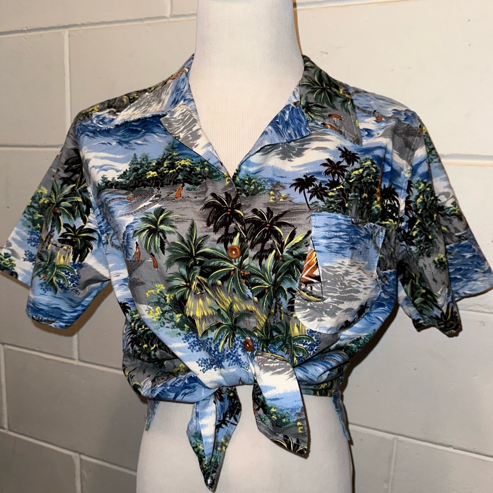 VTG Hawaiian Tropic short sleeve button up tropical beach palm trees floral L